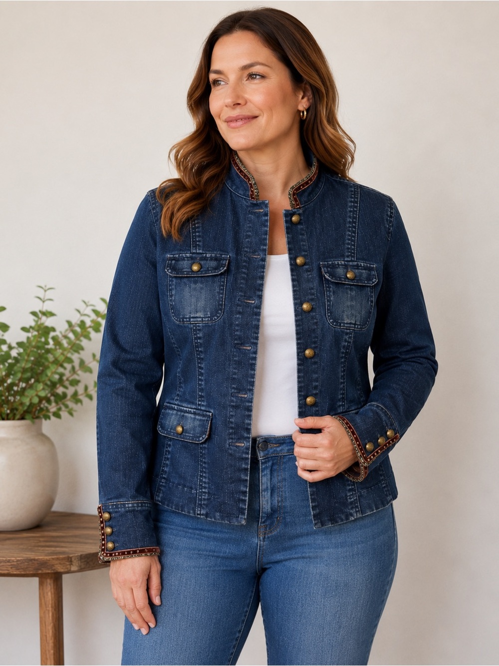 Indigo Palms Embellished Denim Jacket Size L Paisley Trim Gold Buttons